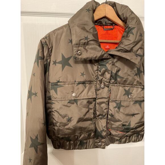 Joujou Cropped Olive Green Stars Orange Lining Puffer Coat Jacket, M - Picture 2 of 5